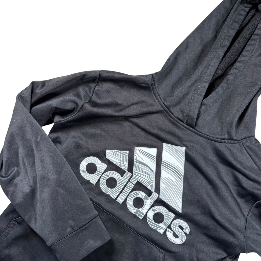 Adidas Hoodie Youth M 10/12 Black Graphic Logo Pullover Sweatshirt Athleisure